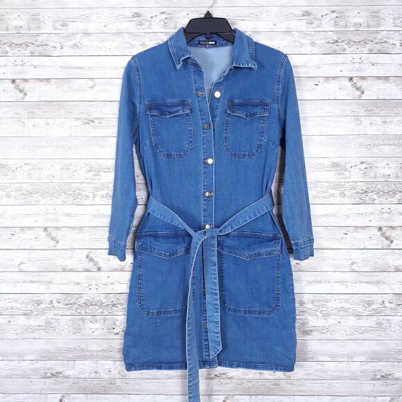 Fashion Nova Denim Dress M Blue Stretch Button Front Belted 716A - Picture 1 of 6
